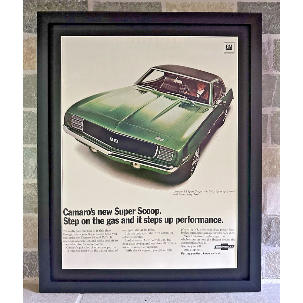 Framed 1969 Chevrolet Camaro SS Sport Coupe Rally Sport Car Automobile Ad
